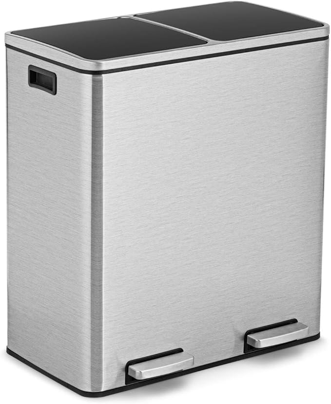 Goplus Dual Trash Can, 60 Liter (2x30L)/ 16 Gallon Stainless Steel Step Trash Can, Rectangular Garbage Bin with Inner Buckets and Hinged Lids, Suit for Kitchen Office Home Use,Silver