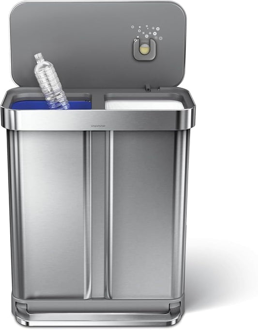 simplehuman 58 Liter / 15.3 Gallon Rectangular Hands-Free Dual Compartment Recycling Kitchen Step Trash Can with Soft-Close Lid, Brushed Stainless Steel