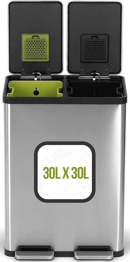 Simpli-Magic 60 Liter / 16 Gallon Rectangular Hands-Free Dual Compartment Recycling Kitchen Step Trash Can with Soft-Close Lid, Brushed Stainless Steel (30L x 30L Capacity)