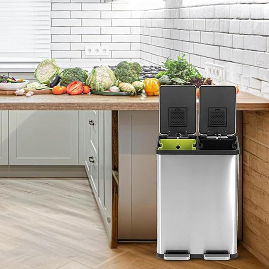 Simpli-Magic 60 Liter / 16 Gallon Rectangular Hands-Free Dual Compartment Recycling Kitchen Step Trash Can with Soft-Close Lid, Brushed Stainless Steel (30L x 30L Capacity)