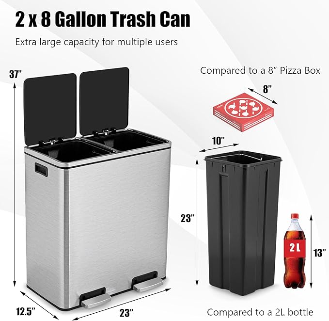 Goplus Dual Trash Can, 60 Liter (2x30L)/ 16 Gallon Stainless Steel Step Trash Can, Rectangular Garbage Bin with Inner Buckets and Hinged Lids, Suit for Kitchen Office Home Use,Silver