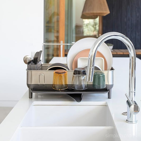simplehuman Kitchen Dish Drying Rack with Swivel Spout, Fingerprint-Proof Stainless Steel Frame, Grey Plastic